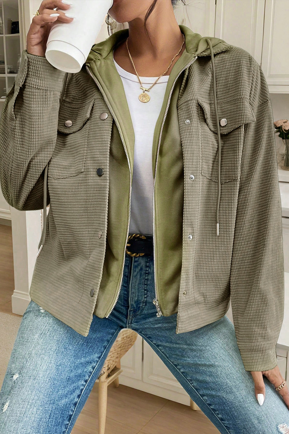 Laurel Green Solid Color Textured Patchwork Flap Pocket Shacket 4dc32899efcff06d