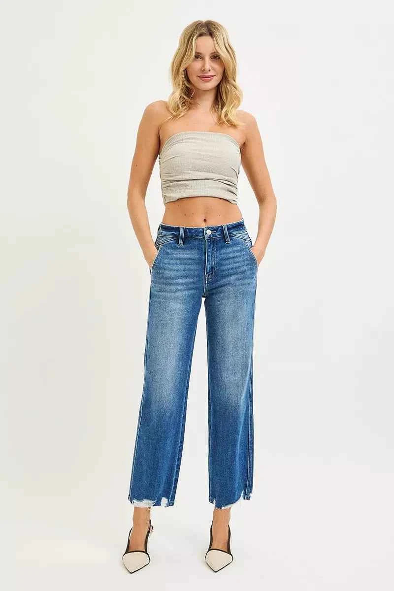 RISEN High Rise Ankle Straight Distressed Hem Detail Jeans 4dc5b57fd6364e39ba530d9546fe5896-Max-Origin