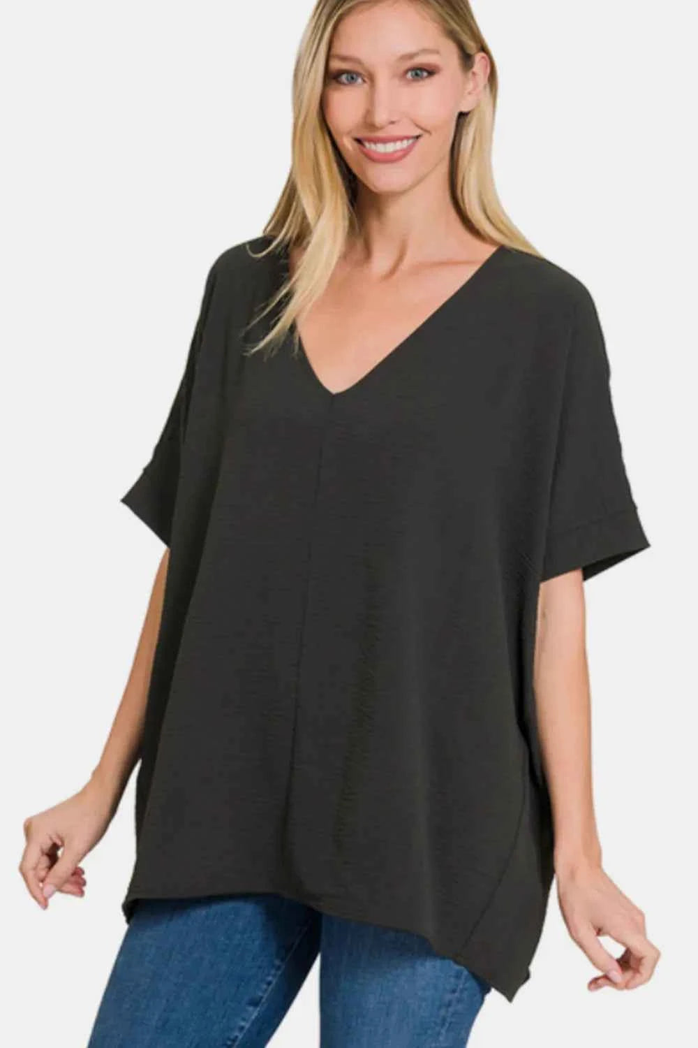 Full Size V-Neck Short Sleeve Top BLACK 4dc93654-6795-4a98-85af-5aa338b49e4c-Max