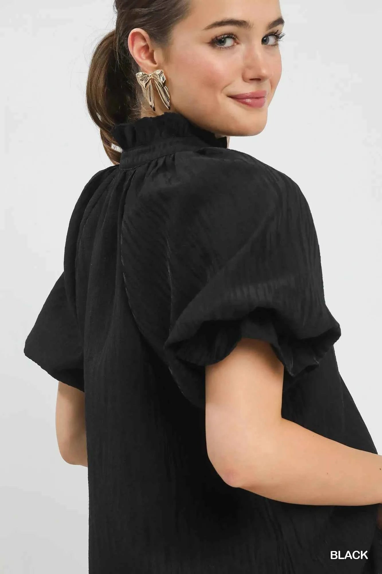 Umgee Textured Puff Sleeve Split Neck Top 4dcc5c8c-a758-4bcf-be9d-af13d22fc69d-Max-Origin