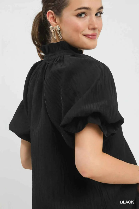 Textured Puff Sleeve Split Neck Top 4dcc5c8c-a758-4bcf-be9d-af13d22fc69d-Max-Origin