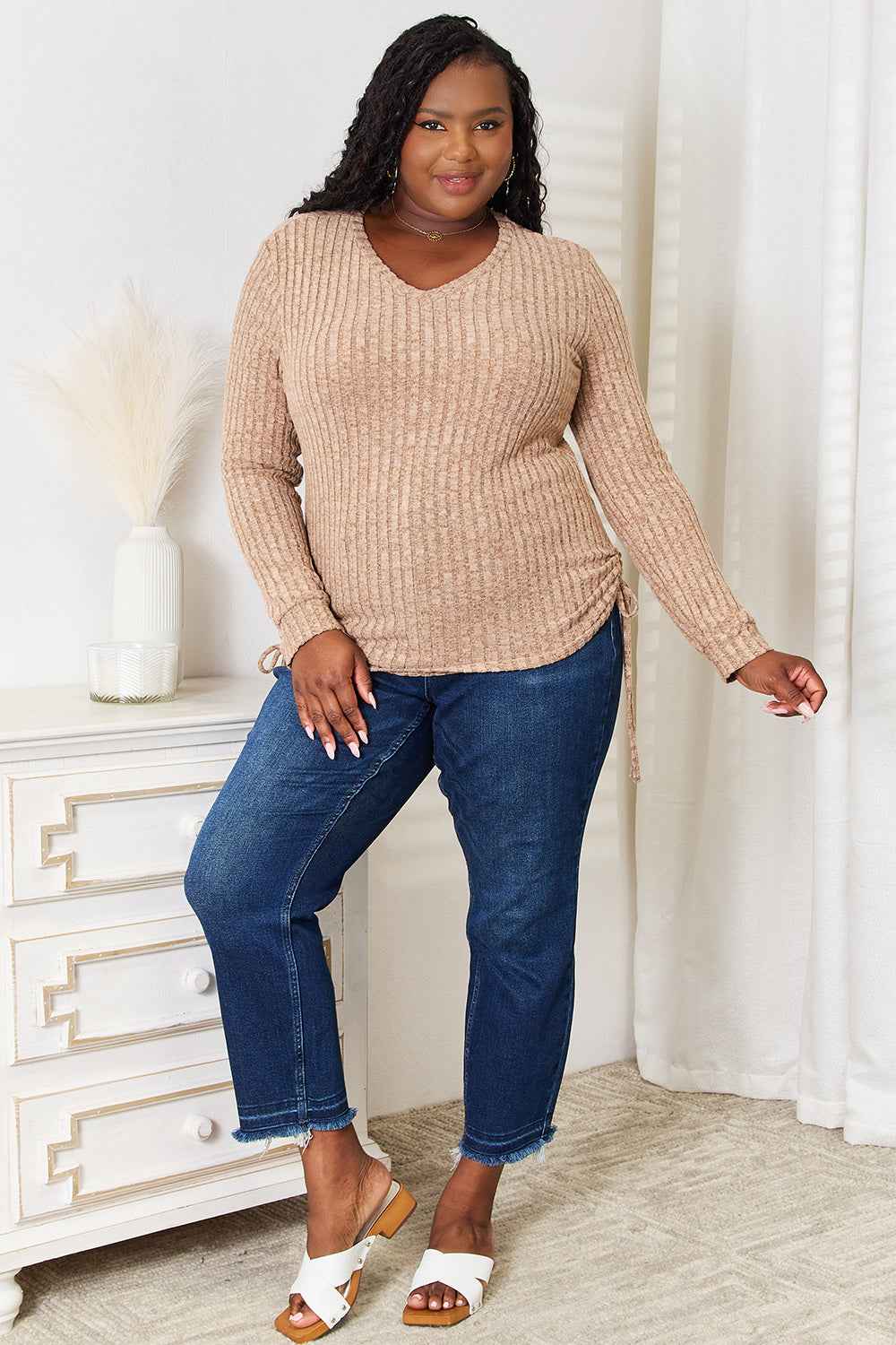 Double Take Drawstring Ribbed Long Sleeve T-Shirt 4dce0d3a56414061a3d4a223edffc5f0-Max