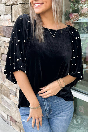 Black Pearl Beaded Half Sleeve Velvet Top Black 95%Polyester+5%Elastane 4dd1a4a0ac33865d