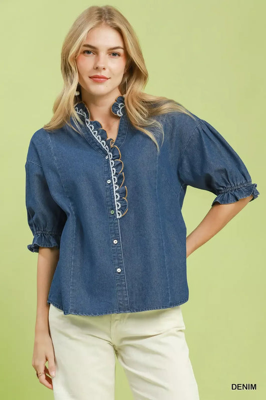 Chambray Scalloped Trim Button Front Blouse DENIM 4dd5115f-60a5-4385-a421-3bb13f1b5fb5-Max-Origin
