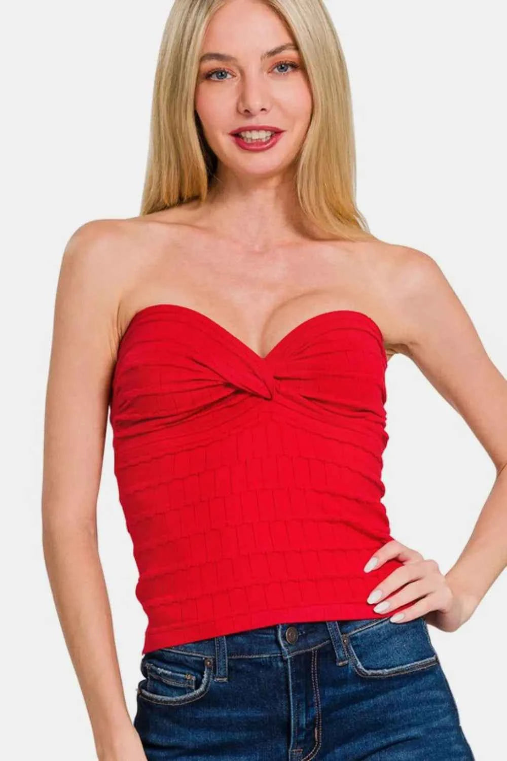 Zenana Ruched Twisted Sweetheart Neck Top Red 4dd99b99-13ff-41d1-9dc1-aef4c17c248e-Max