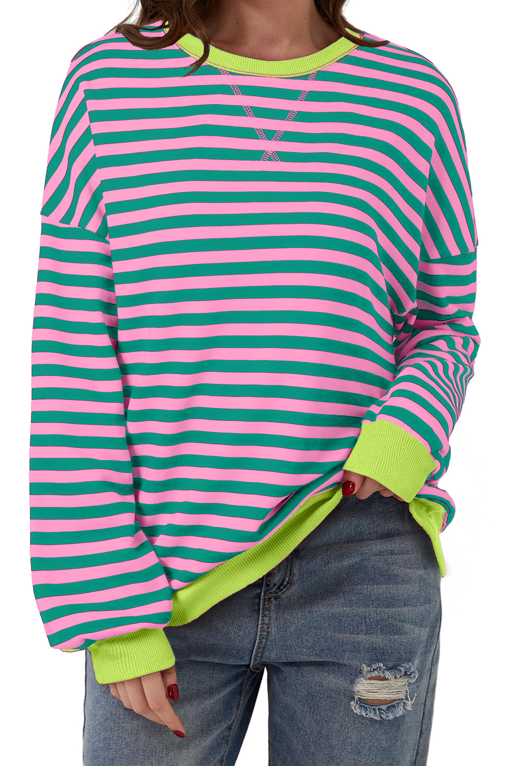 White Striped Contrast Trim Drop Shoulder Sweatshirt 4ddb95f191e37cbf