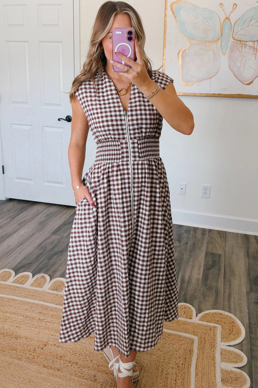 Coffee Plaid Print Full Zipper Cinched Waist Fit Flare Sleeveless Maxi Dress 4ddc3d4bab8b6f42