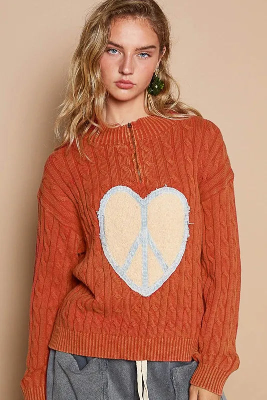 POL Cable-Knit Peace Patch Dropped Shoulder Sweater Orange-Red 4de21104-0c78-485e-8cd2-fbe0671a569f-Max