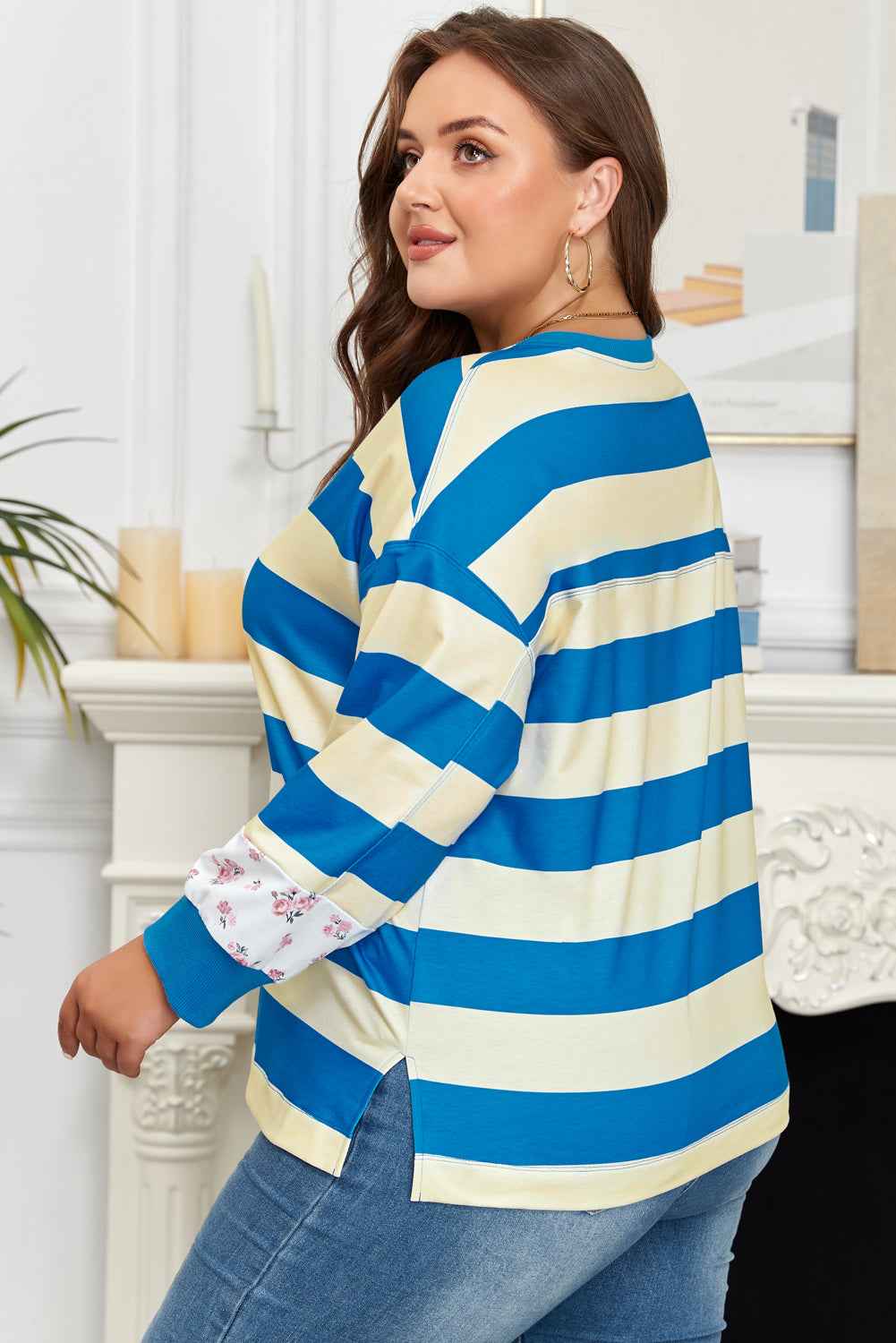 Blue Stripe Floral Color Block Drop Shoulder Plus Size Pullover Top 4de6dcab6ebf0cd4