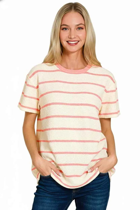 Textured Striped Crew Neck T-Shirt 4df2ea44-0d6b-4606-a92b-26a1d991e9c3-Max-Origin