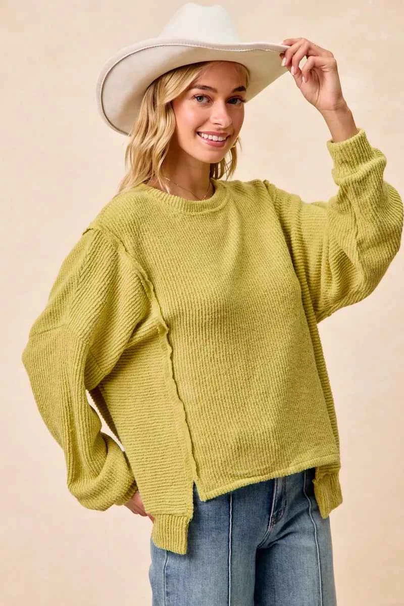 BiBi Boucle Rib Knit Uneven Hem Sweater With Open Seam 4df382c31ad34e90bf7ee7921862ee3e-Max-Origin