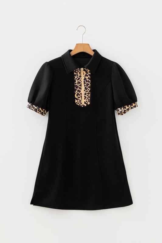 Leopard Patchwork Zip Collared Mini Dress Black 4df72709-691e-43d5-9494-ce97d5e46e3a