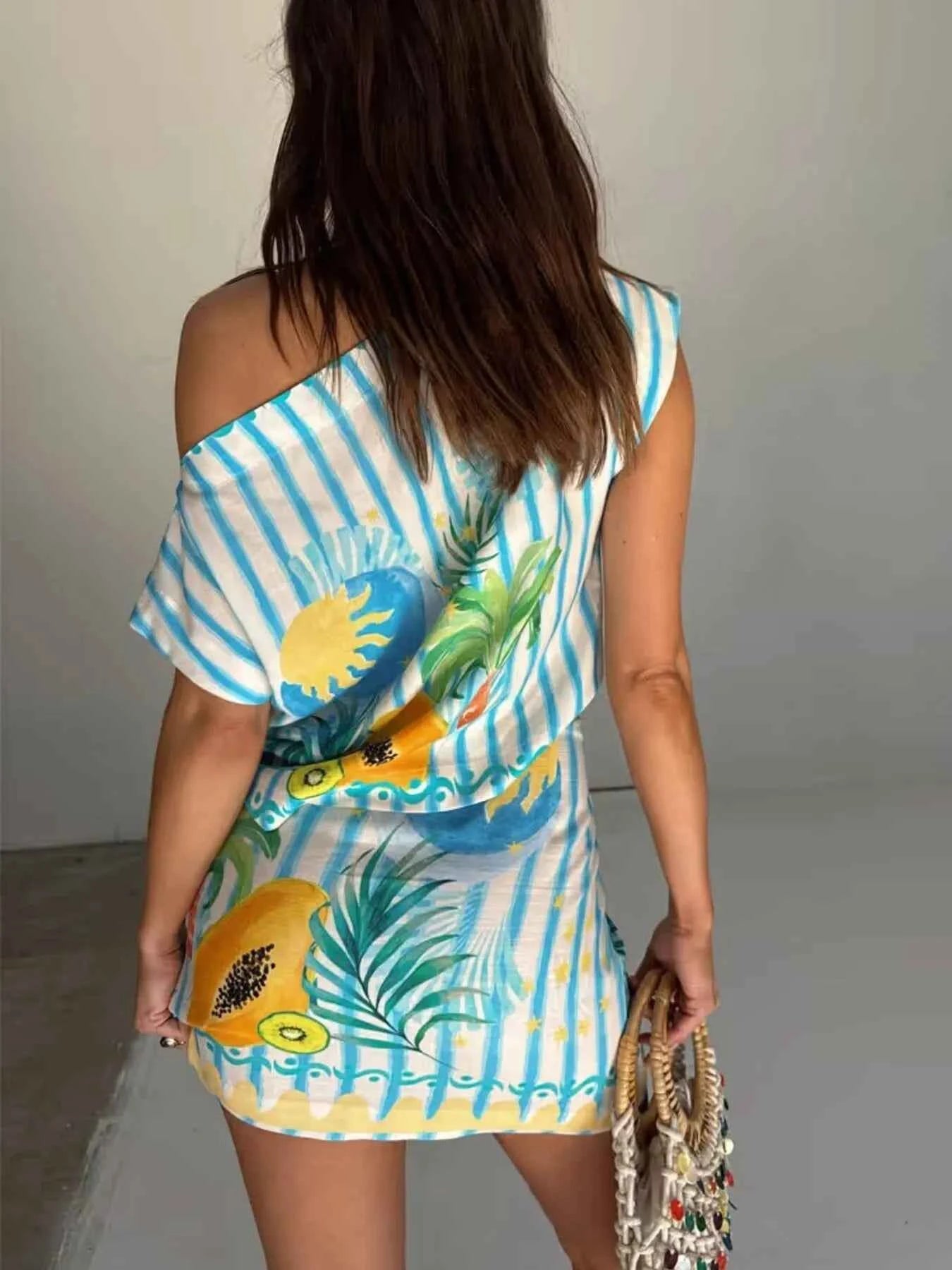 Printed Striped Single Shoulder Top and Skirt Set 4df7e6a3b4ad417889719ac8cf4f0d03-Max-Origin
