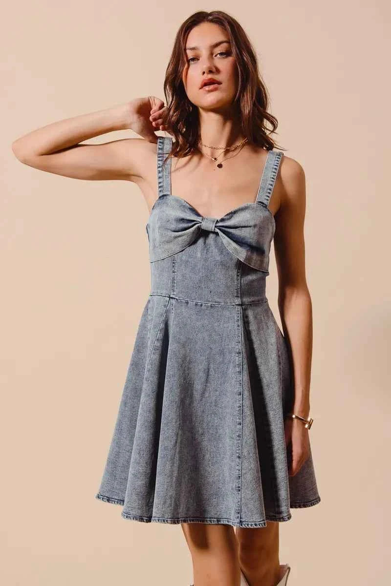 Mineral Washed Bow Ribbon Denim Flare Dress DENIM 4dfa957b67b94f3da2c359f7609e959c-Max-Origin