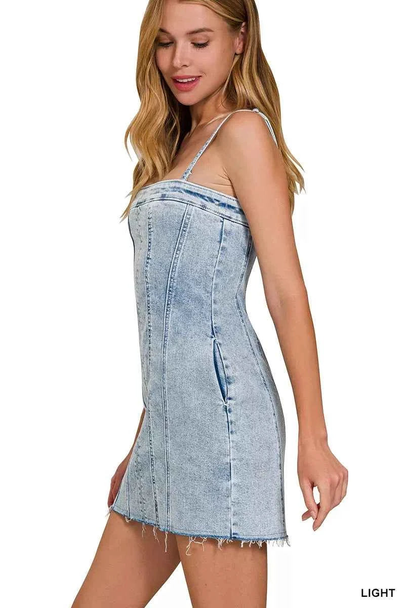 Zenana Spaghetti Strap Exposed Seam Light-Wash Dress 4dfeed8782244b1883236ecc058e8212-Max-Origin