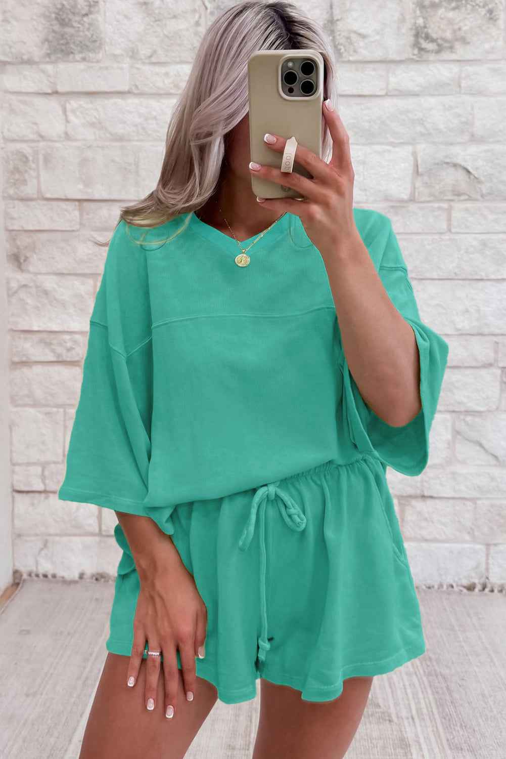 Bonbon Loose V Neck Tee and Drawstring Shorts Set 4e00b68dfcf52457