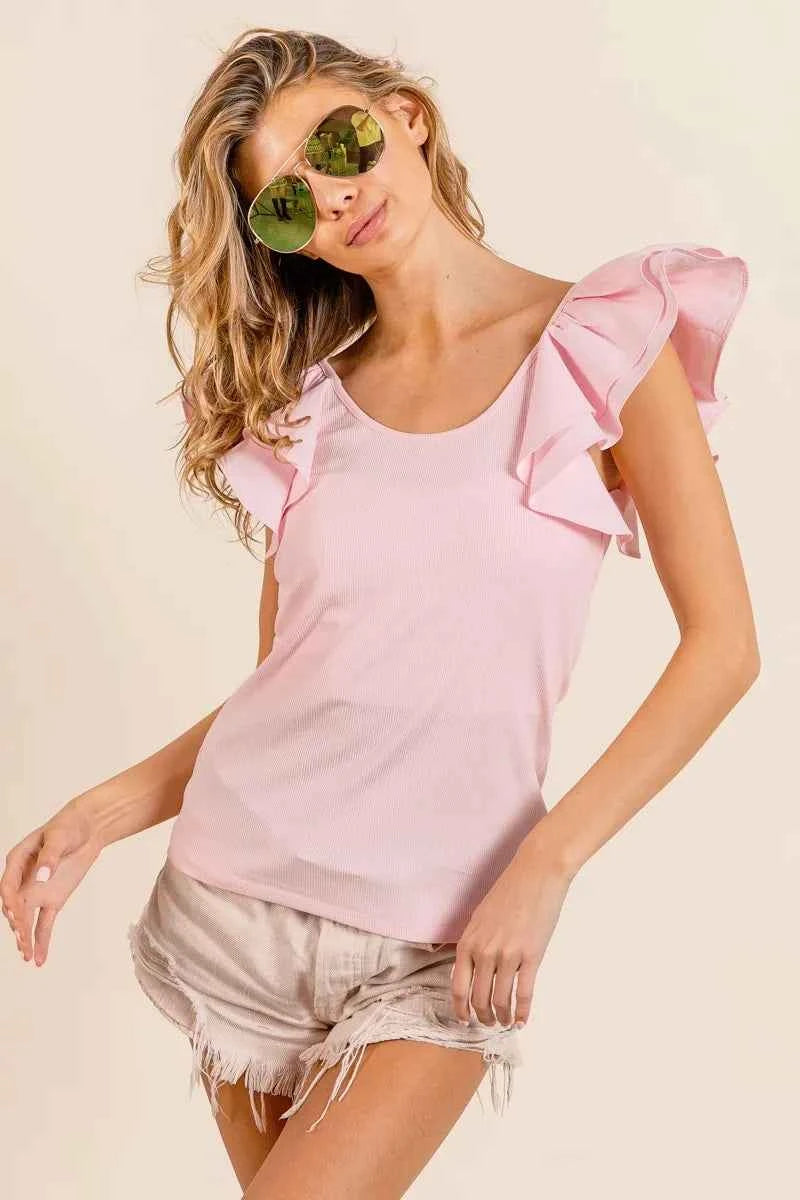BiBi Wide Layered Ruffle Sleeve Scoop Neck Ribbed Top 4e0212616e774ef0886b301b143ec140-Max-Origin