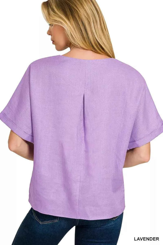 Linen Round Neck Cuffed Sleeve Top 4e034b352f45429a84555cdadce677d4-Max-Origin