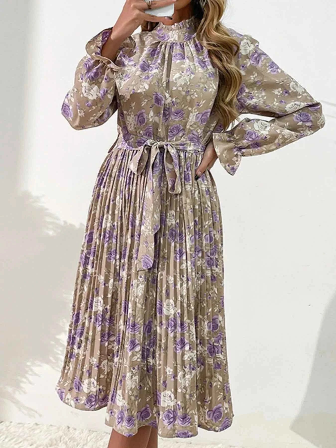 Floral Print Long Sleeve Pleated Midi Dress Khaki 4e067a8c-b327-41d2-bb45-e24b4a79dfcb-Max-Origin