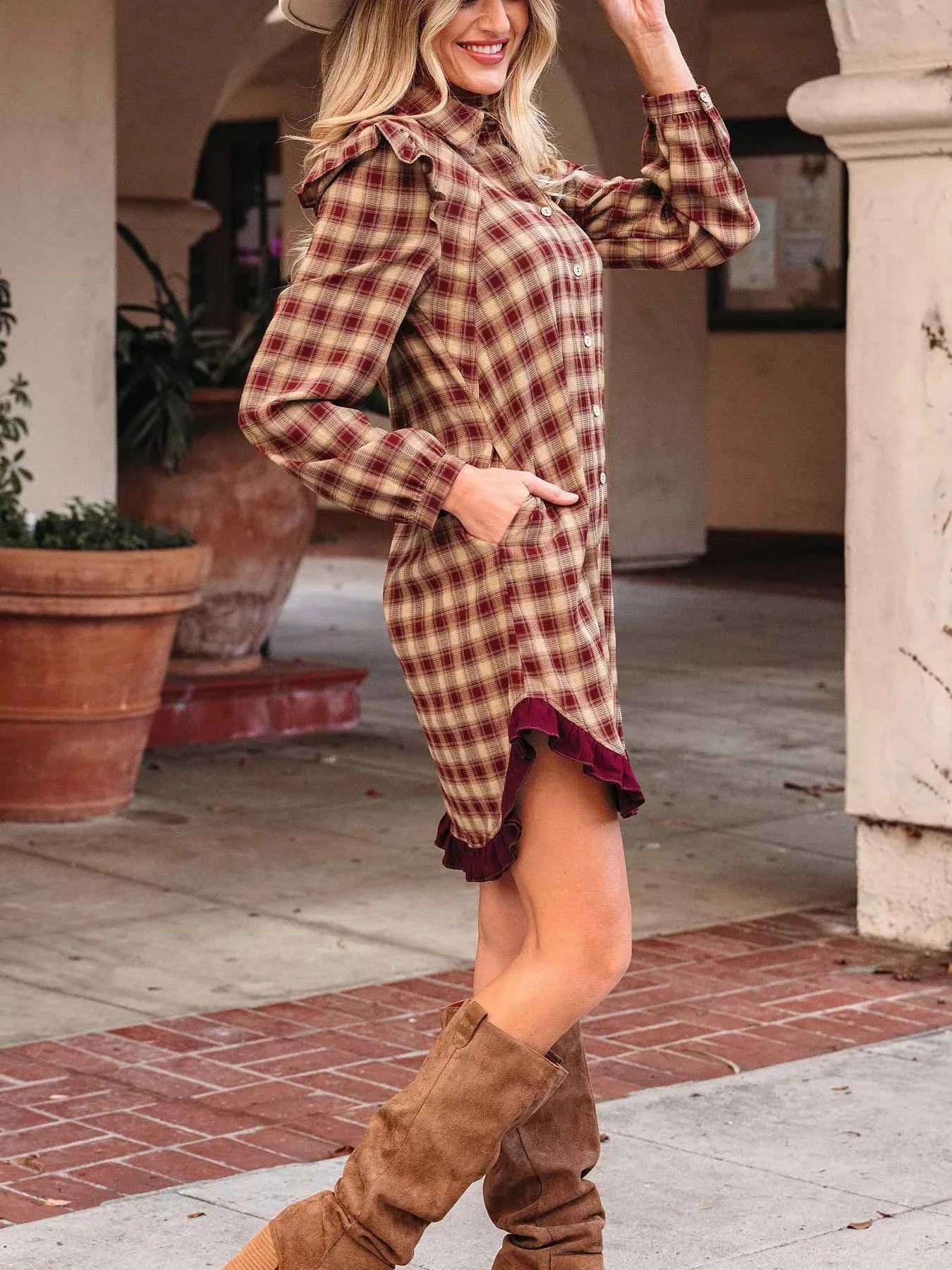 Plaid Print Ruffled Long Sleeve Patchwork Hem Mini Shirt Dress 4e09396d75464600b56655892929fd1e-Max-Origin