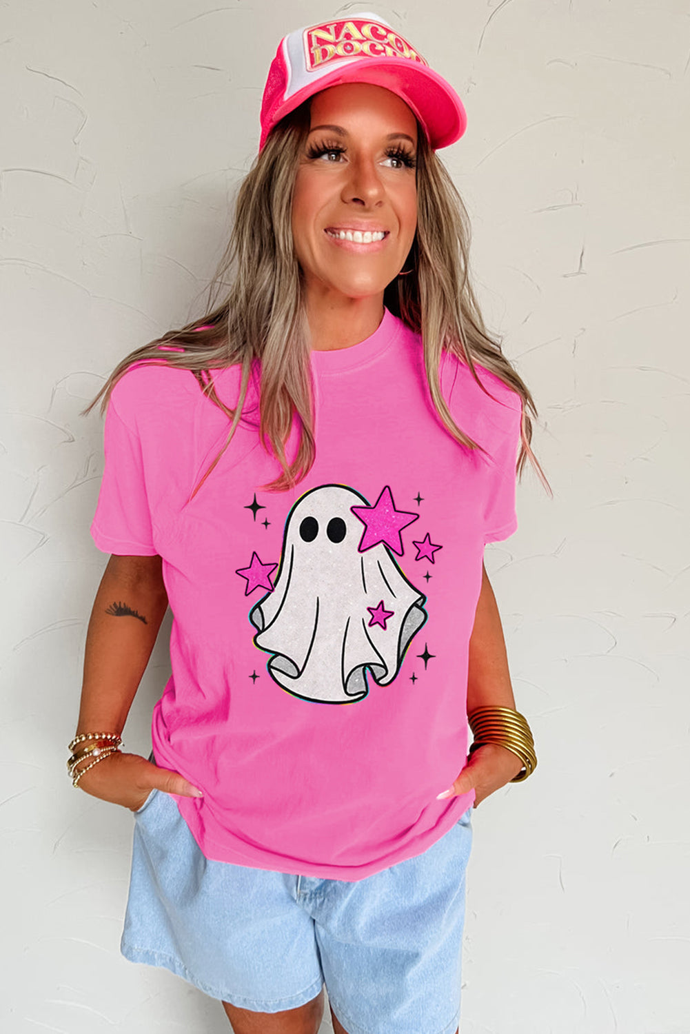 Sachet Pink Ghost Heat Transfer Printing Halloween T Shirt Sachet Pink 62%Polyester+32%Cotton+6%Elastane 4e0c837a283b8262
