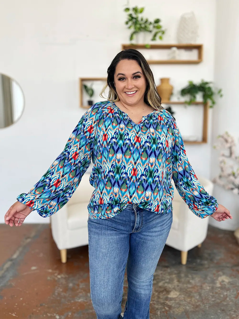 Double Take Full Size Printed Balloon Sleeve Blouse 4e15351e-34d5-466e-be79-ed5cd68750dd-Max