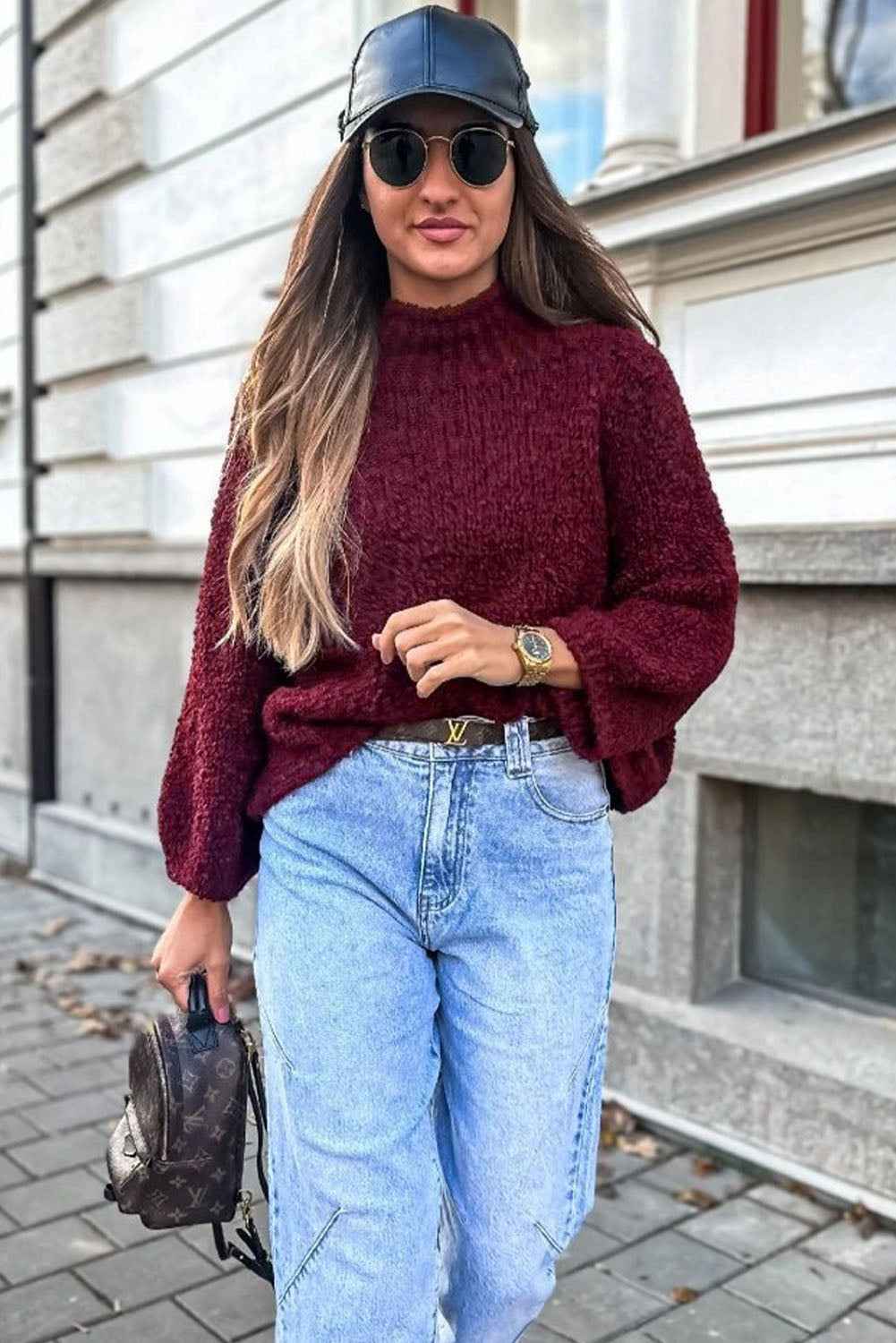 Burgundy Popcorn Mock Neck Solid Sweater 4e19b5366b12430c