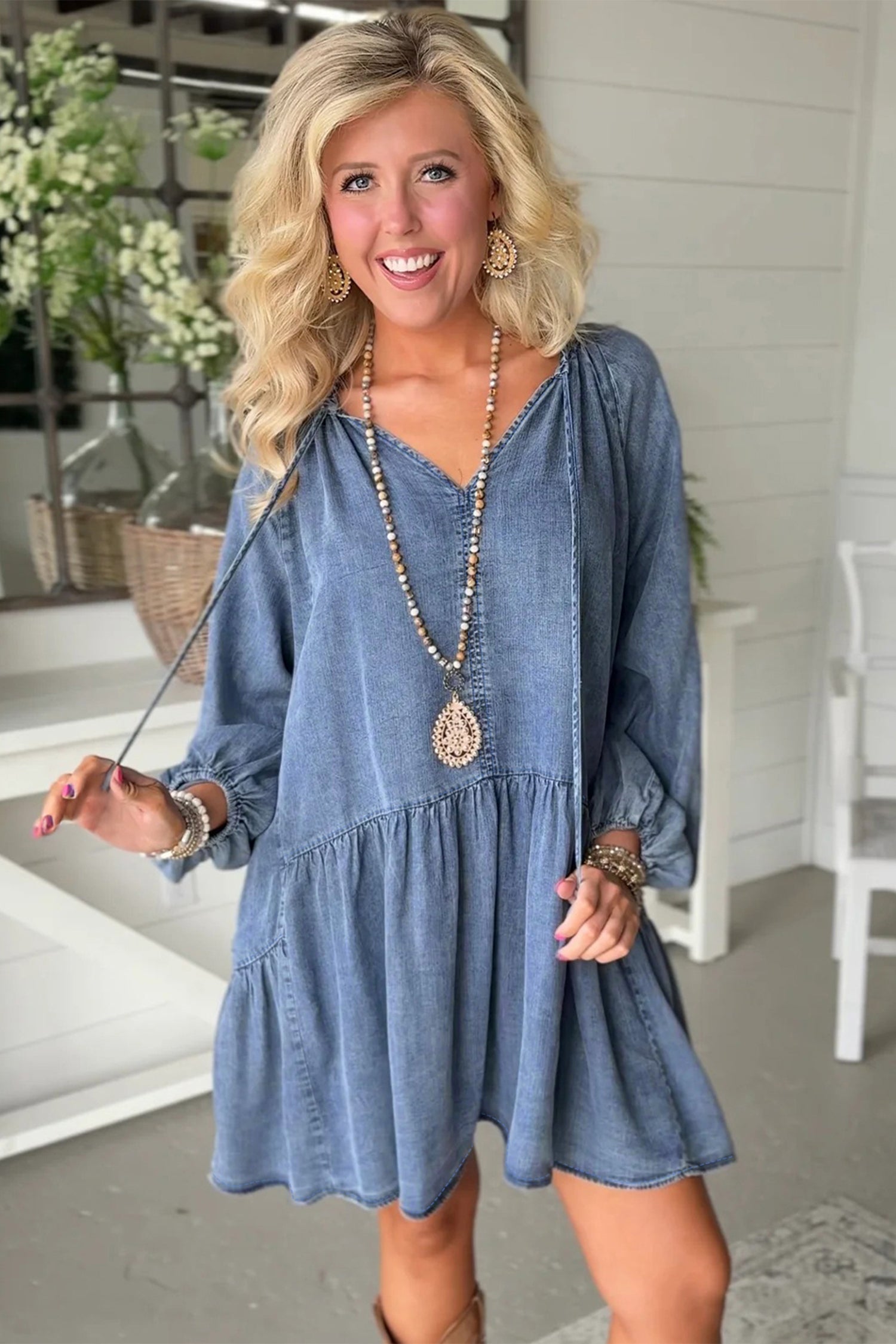 Myosotis Puff Sleeve V Neck Ruffled Loose Denim Mini Dress 4e1aba9e9f645939