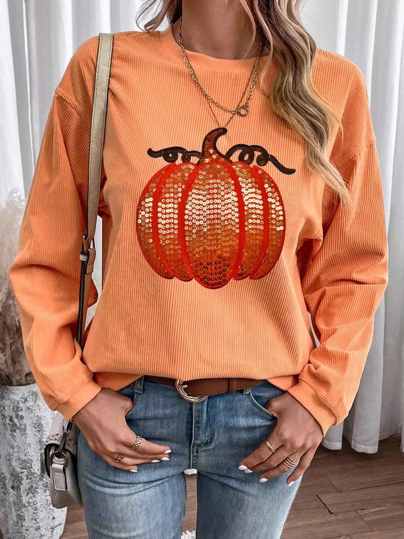 Halloween Sequined Pumpkin Ribbed Round Neck Sweatshirt 4e1e1977-8248-40cf-96ba-a111cdcb8710-Max-Origin