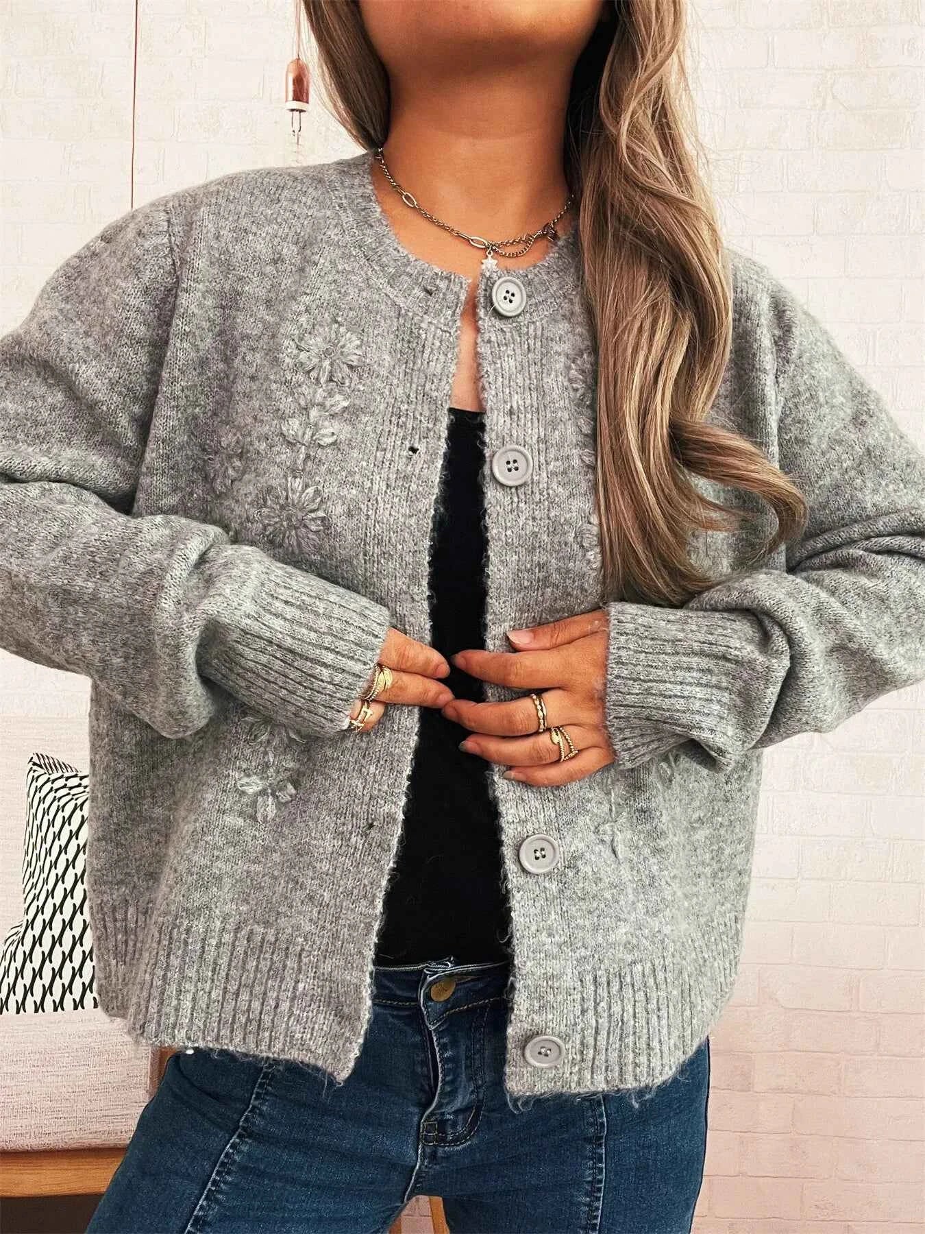Flower Button Up Ribbed Hem Cardigan 4e218952bbde4e9eacd131c4fe5ed0b1-Max-Origin