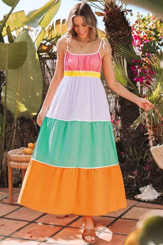 Colorblock Self-Tie Straps Pocketed Maxi Dress 4e229817-160a-454f-8e71-1b912cb83b5d