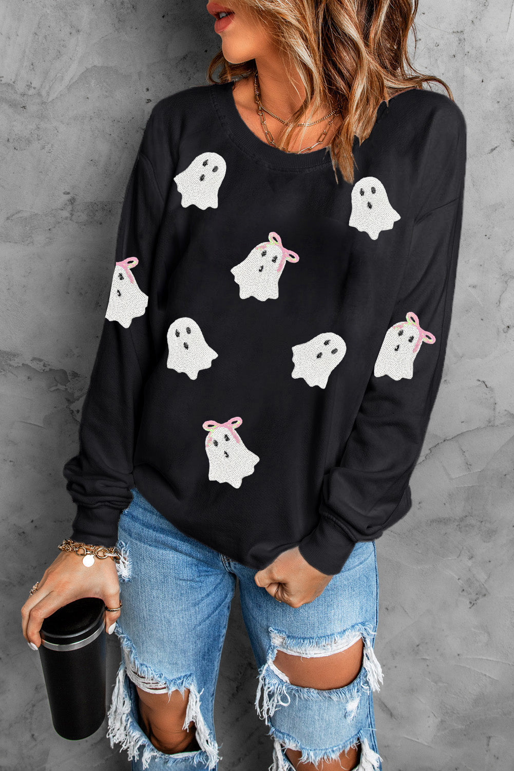 Black Cute Bow Ghost Sequins Patch Graphic Crew Neck Halloween Sweatshirt 4e26beeb179c68e0