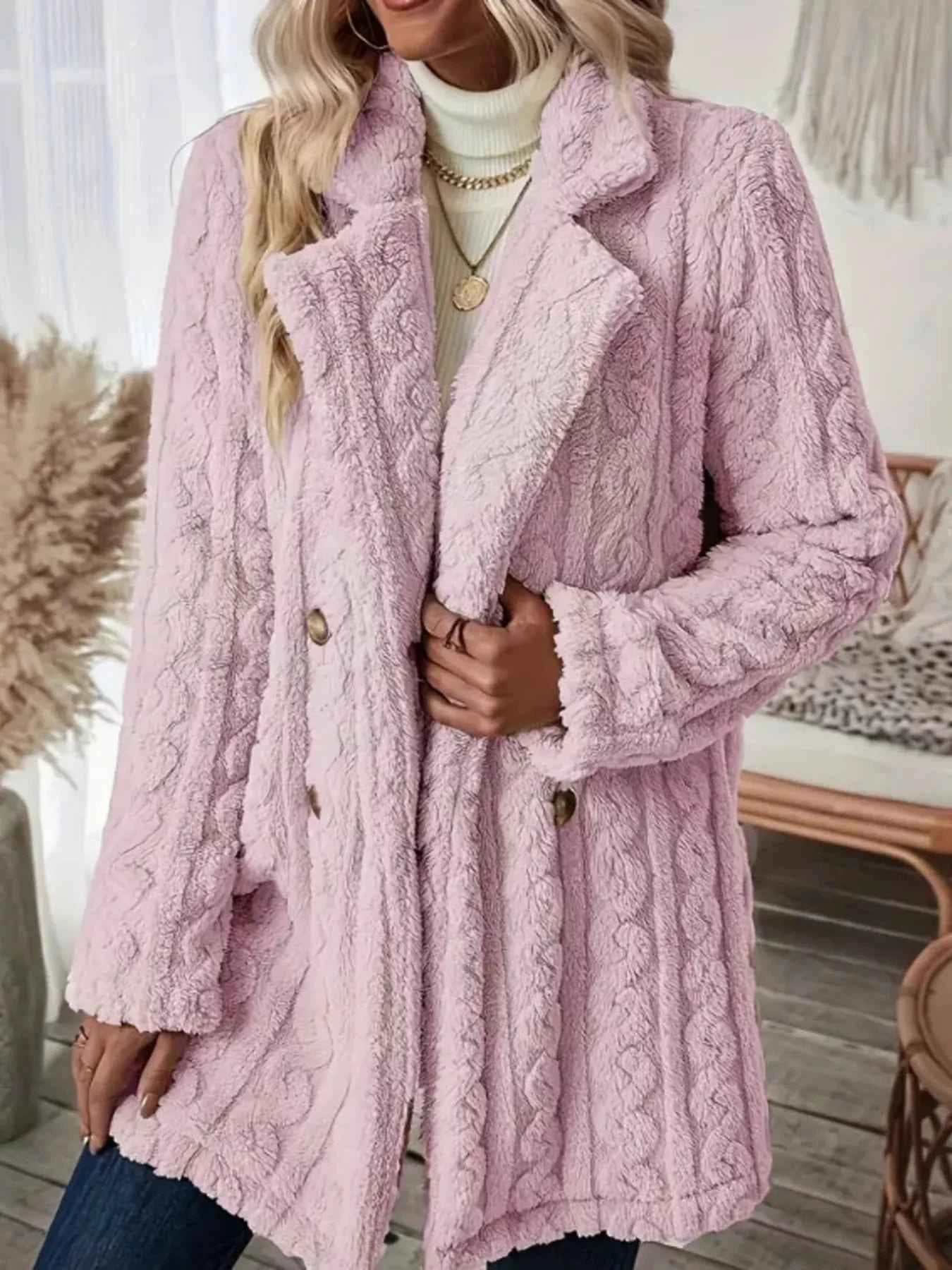 Cozy Faux Shearling Double-Breasted Outerwear Pink 4e27534ac45b4b6ebd140a487ec7e8ca-Max-Origin