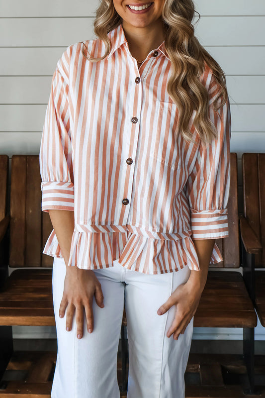 Khaki Stripe Collar Button Front Bracelet Sleeve Ruffle Hem Shirt 4e294171171c8328
