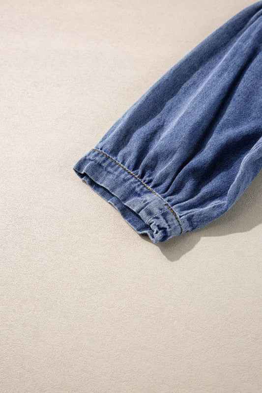 Denim 3/4 Sleeve Ruffle Patch Pocket Blouse 4e29ee47-cb79-46d6-9a71-173a34fc9778