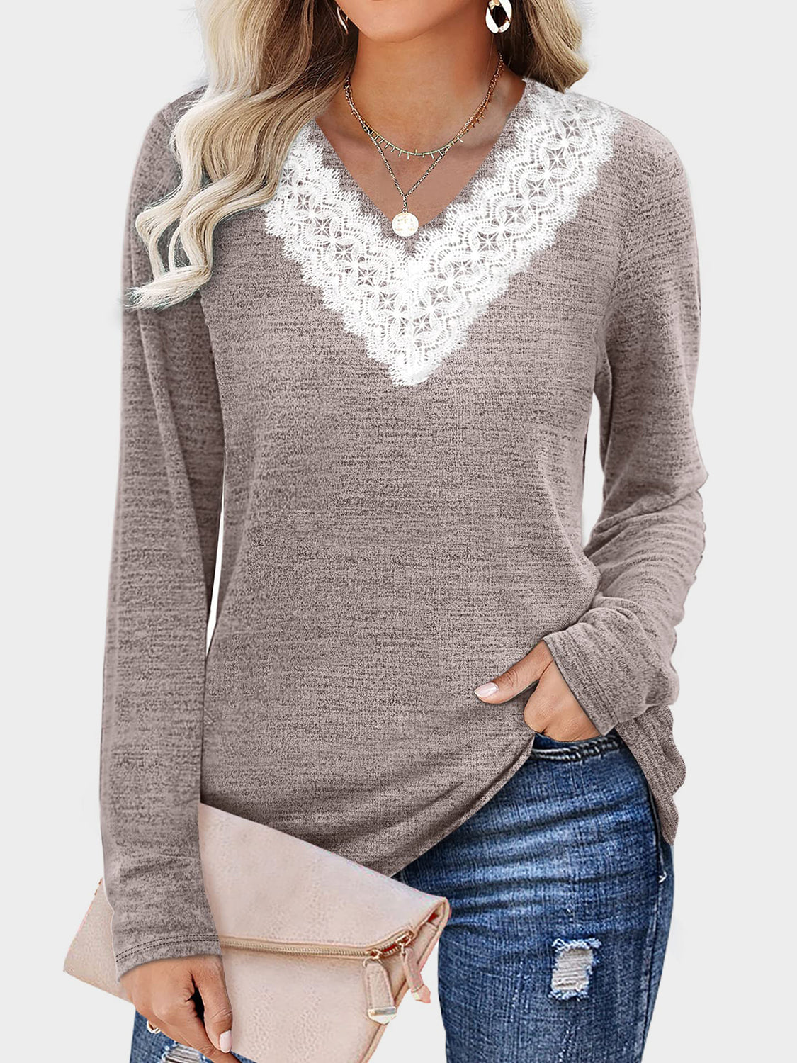 Lace Detail V-Neck Long Sleeve T-Shirt