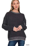 Zenana Exposed Seam Round Neck Two-Tone Sweater BLACK 4e368da532994fcca6430ab5c6836aae-Max-Origin