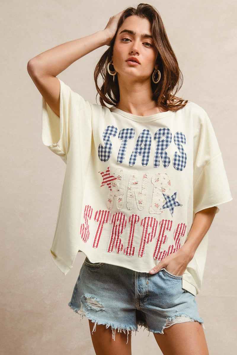 BiBi Mix And Match Stars And Stripes Patchwork Short Sleeve T-Shirt 4e38c4ef215d4315af5cb624c89e7271-Max