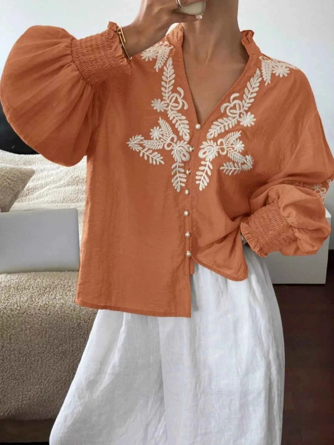 Embroidered Long Sleeve Blouse Orange 4e41769f2aa04c08adfc24955665efaa-Max-Origin
