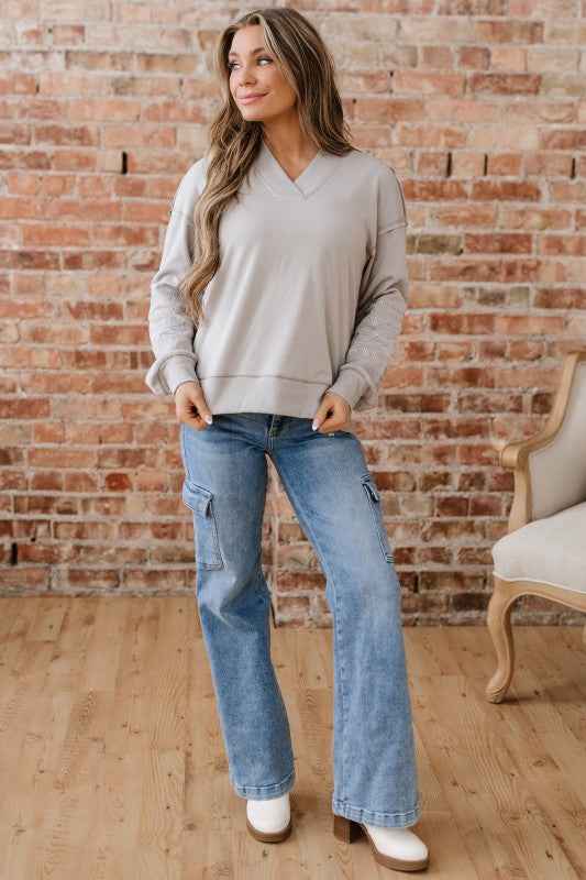 Western Aztec Embroidered Sleeve V-Neck Sweatshirt 4e451e19-c613-4666-b330-26feb813f59e_44828154-85e0-4415-81b4-a0538e2eff52