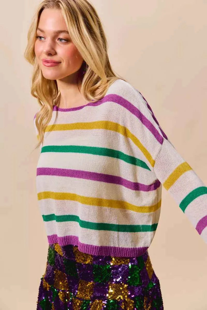 SO ME Mardi Gras Color Stripe Lightweight Sweater Top 4e49f4f409bb407eb933d939451bcf9b-Max-Origin