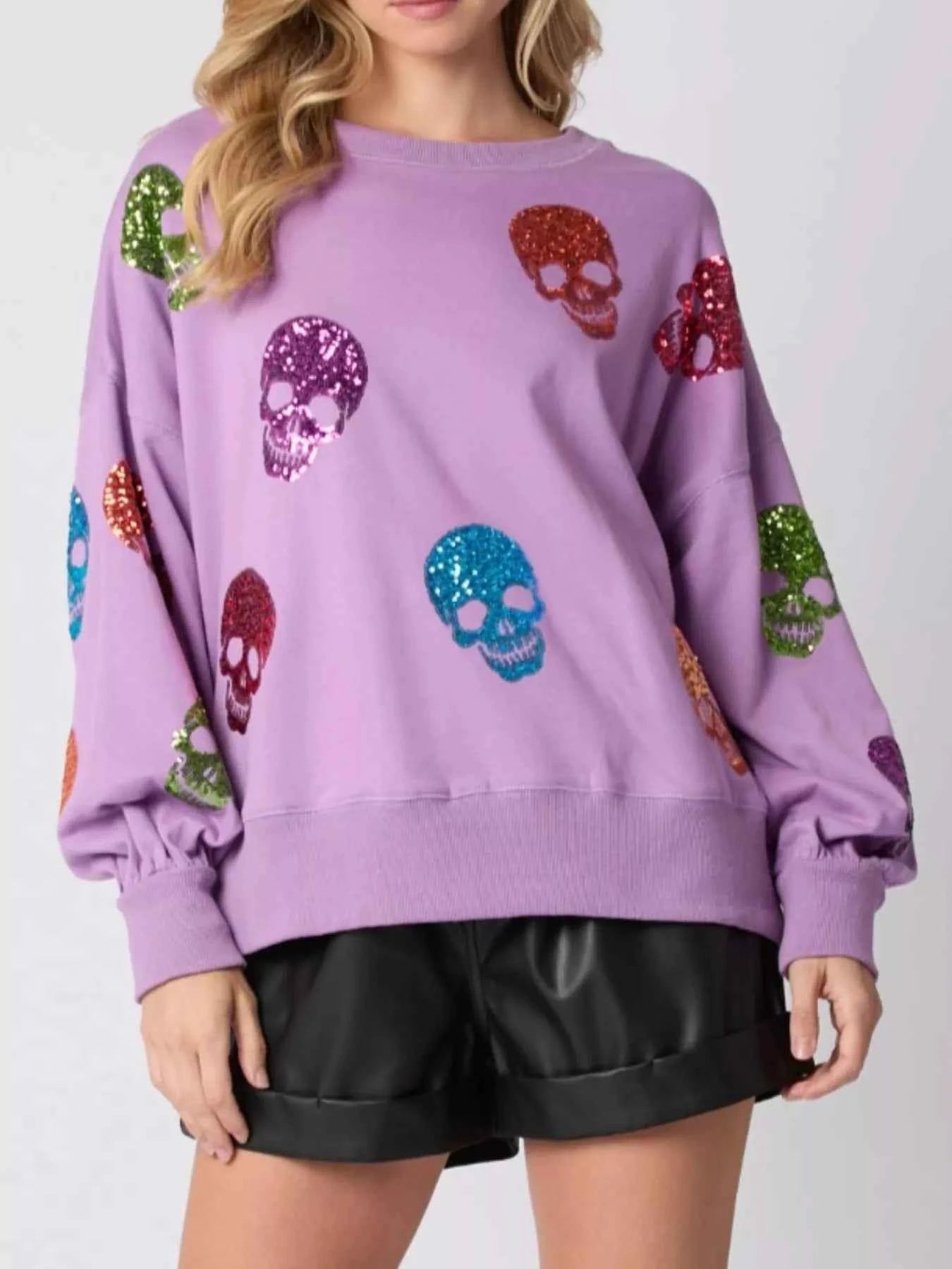 Halloween Colorful Skull Sequin Oversized Sweatshirt 4e50582a-2c7e-4515-9c9a-2fcb9f9b77cd-Max-Origin