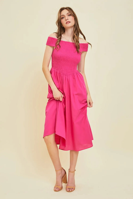 HEYSON Off-Shoulder Smocked Midi Dress 4e5200b8-38db-4e18-819f-1f3c63d9738f-Max