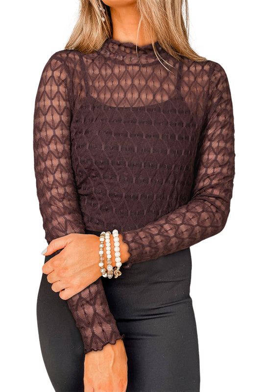 Coffee Sheer Mesh Lettuce Trim Slim Long Sleeve Top Coffee 90%Polyamide+10%Elastane 4e524922355c891d
