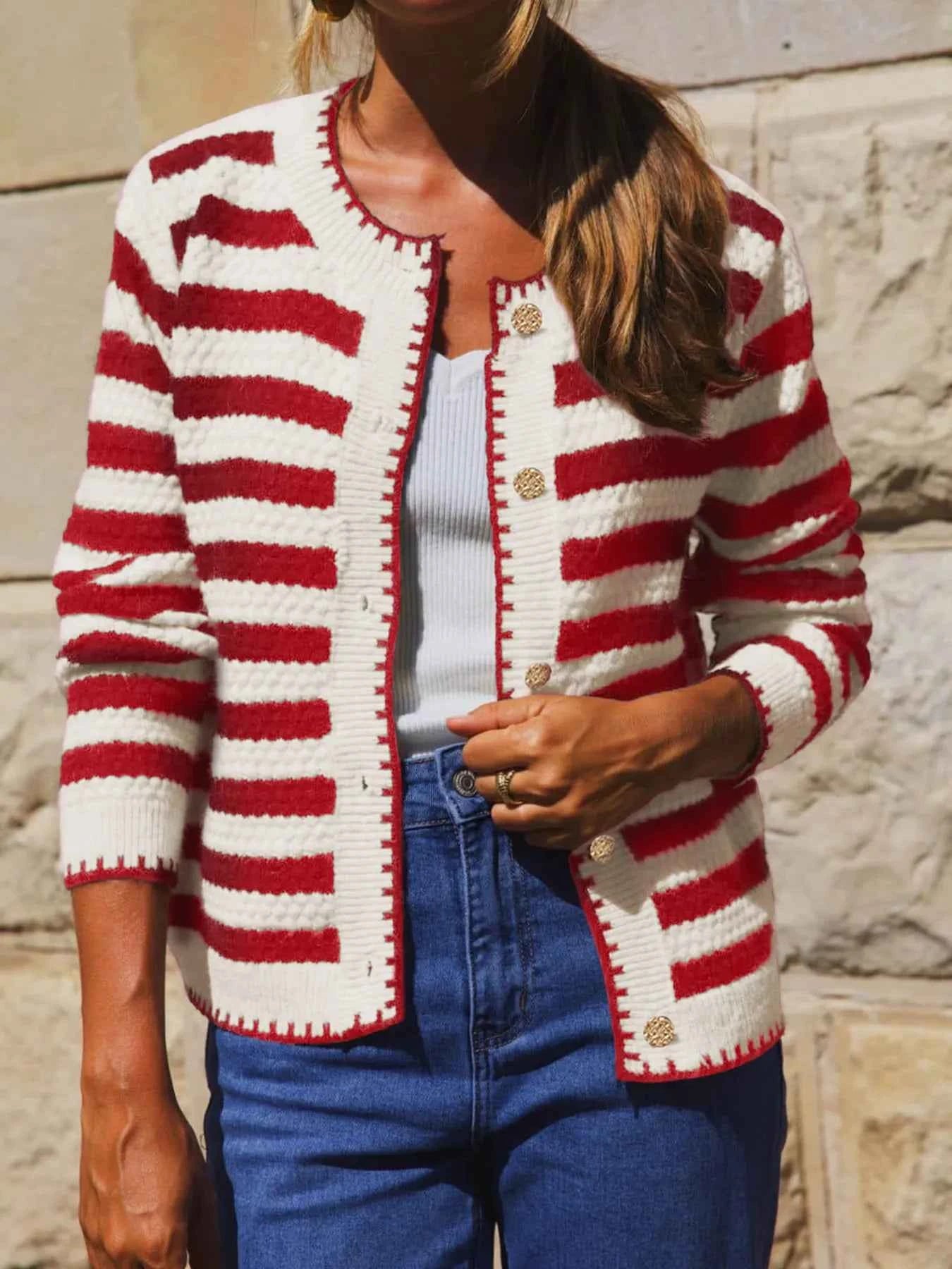 Button Down Striped Long Sleeve Cardigan 4e5843bae936461ea75504130cda4776-Max-Origin