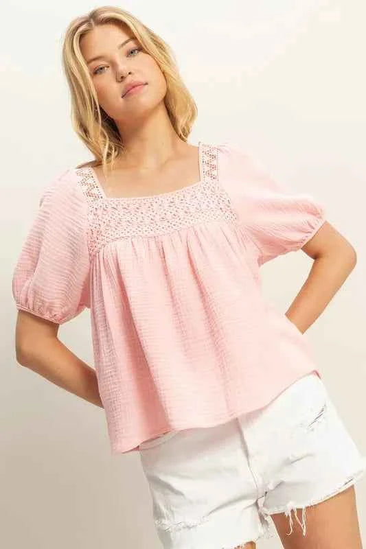 HYFVE Crochet Detail Puff Sleeve Peasant Top BABY PINK 4e5ae8ac-d1dc-4443-bc51-a4e62e8b8d9b-Max-Origin
