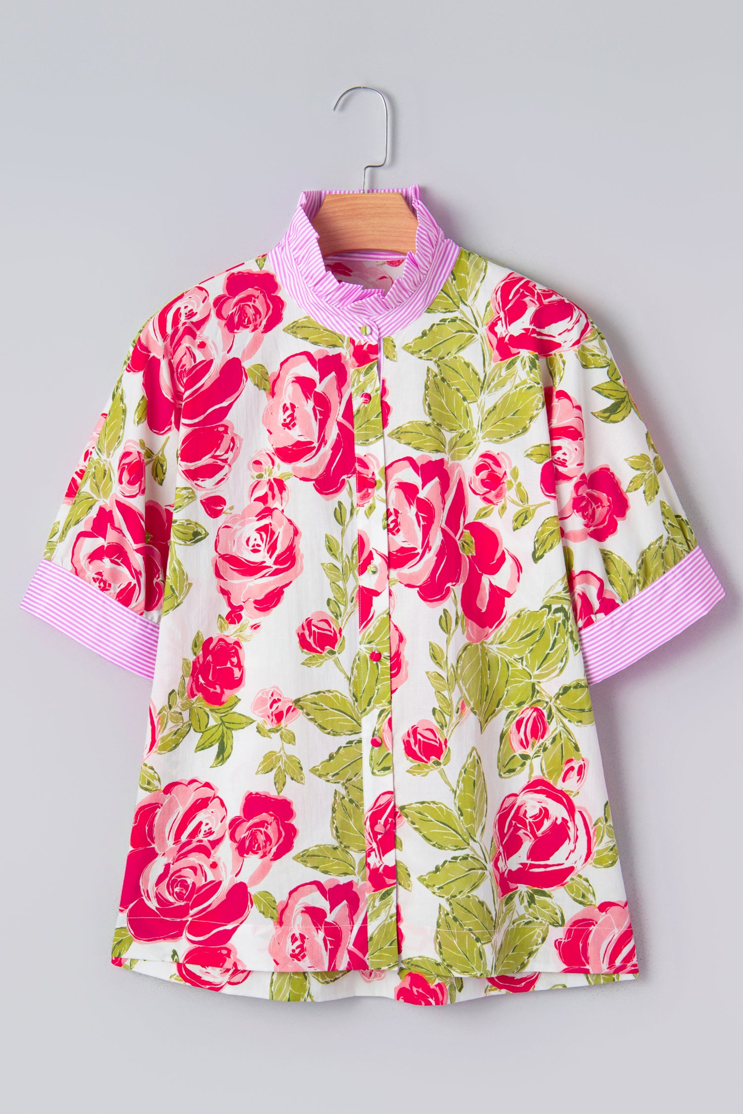 Pink Flower Print Striped Trim Frilled Collar Short Sleeve Shirt 4e5c3c152c0fe504