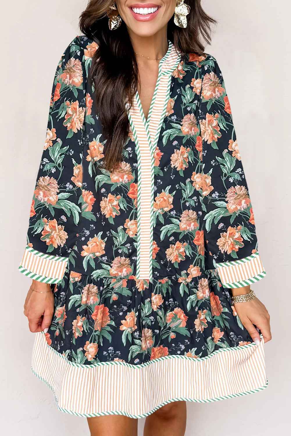 Blue Floral Print Striped Trim V Neck Long Sleeve Ruffle Hem Shift Mini Dress 4e5d3aeff2a74d76