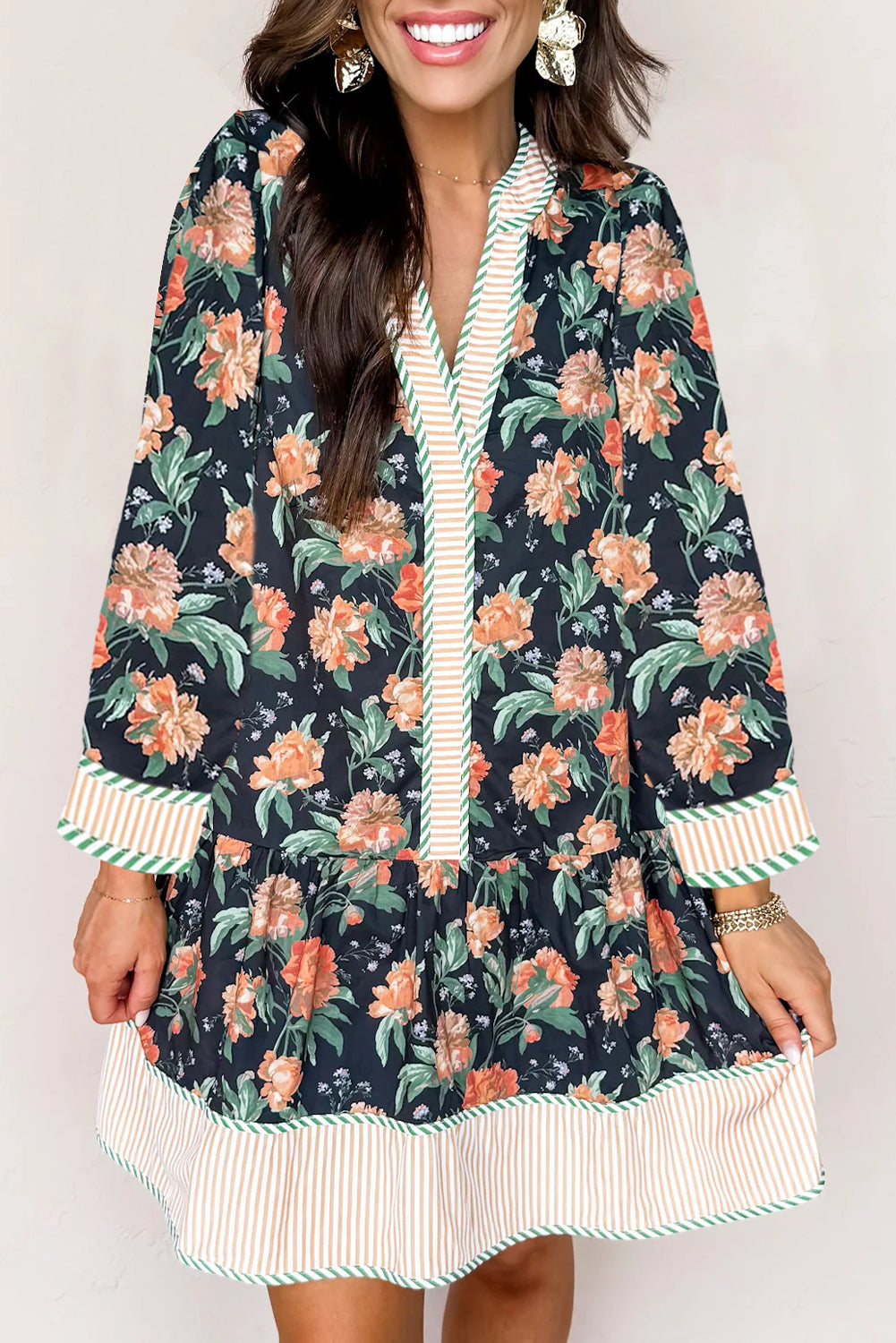 Blue Floral Print Striped Trim V Neck Long Sleeve Ruffle Hem Shift Mini Dress 4e5d3aeff2a74d76