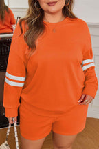 Orange Plus Size Varsity Striped Sleeve Sweatshirt and Shorts Set Orange 65%Polyester+35%Cotton 4e6792485637b4e6